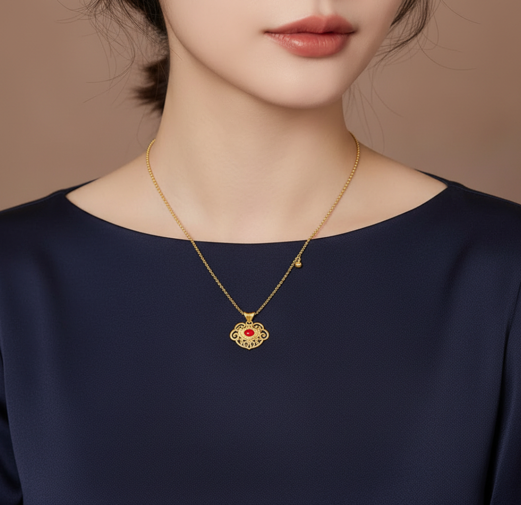 24K Real Gold Lucy Cloud Ruyi Enamel Elegance Pendant and Earrings