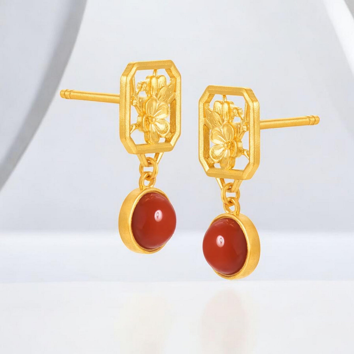 24K Real 5G Gold Plum Bossom Flower Stud Earrings