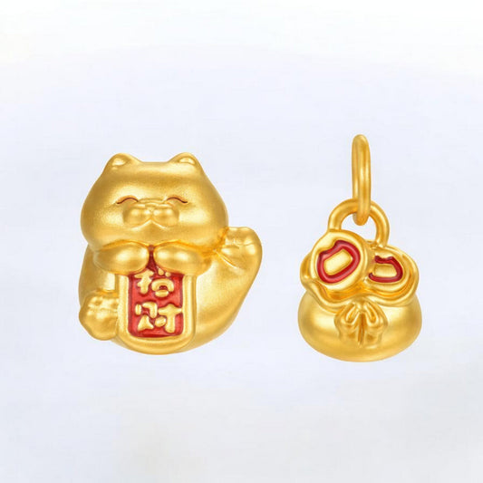 24K Real 5D Gold Cat Pendant Charm Wealth Lucky Bag Bead D.I.Y Accessories
