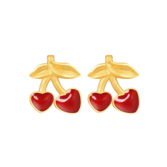 24K Pure Gold Cherry Enamel Stud Earrings