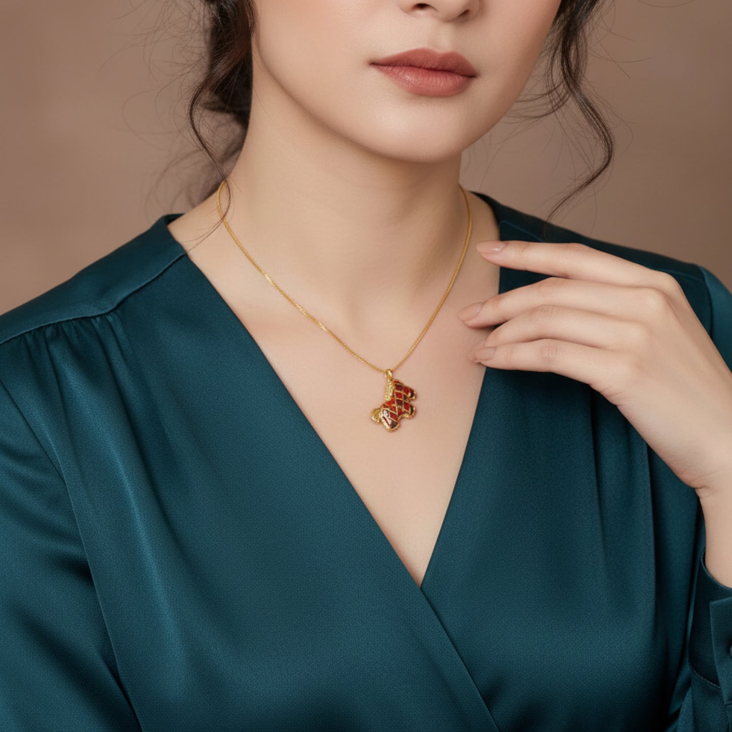 24k Real 5D Gold Red Enamel Checker Horse Pendant