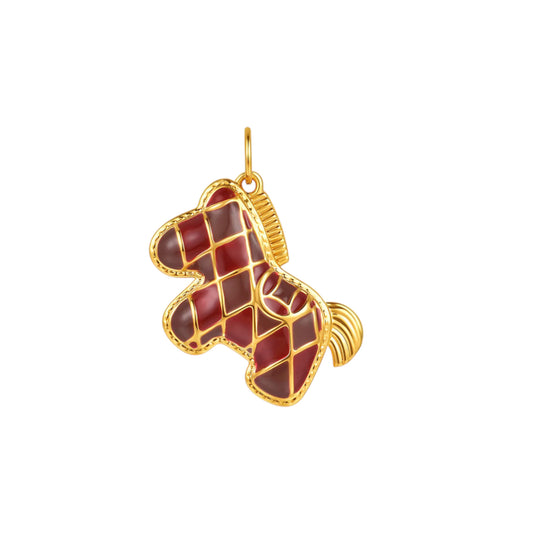 24k Real 5D Gold Red Enamel Checker Horse Pendant