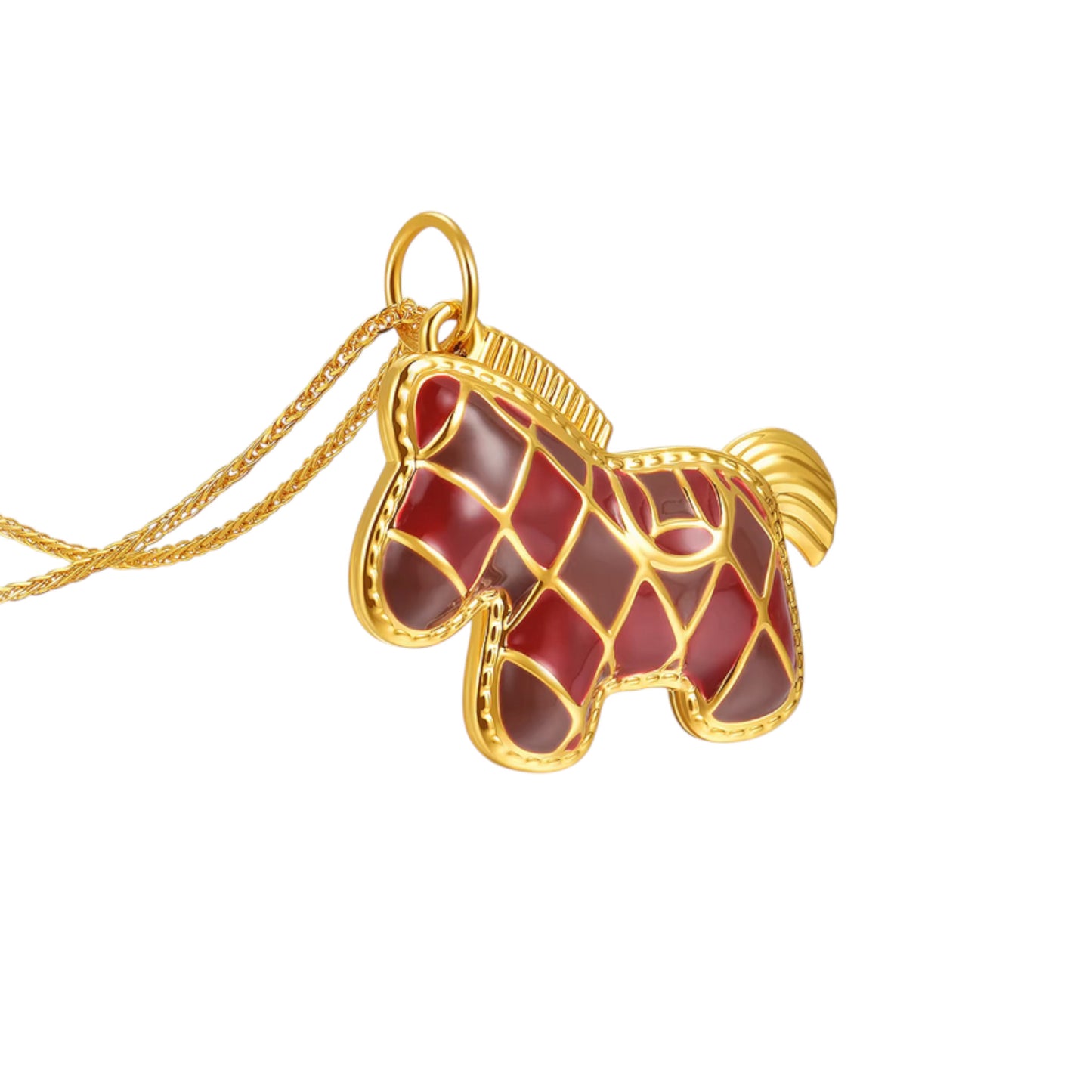24k Real 5D Gold Red Enamel Checker Horse Pendant
