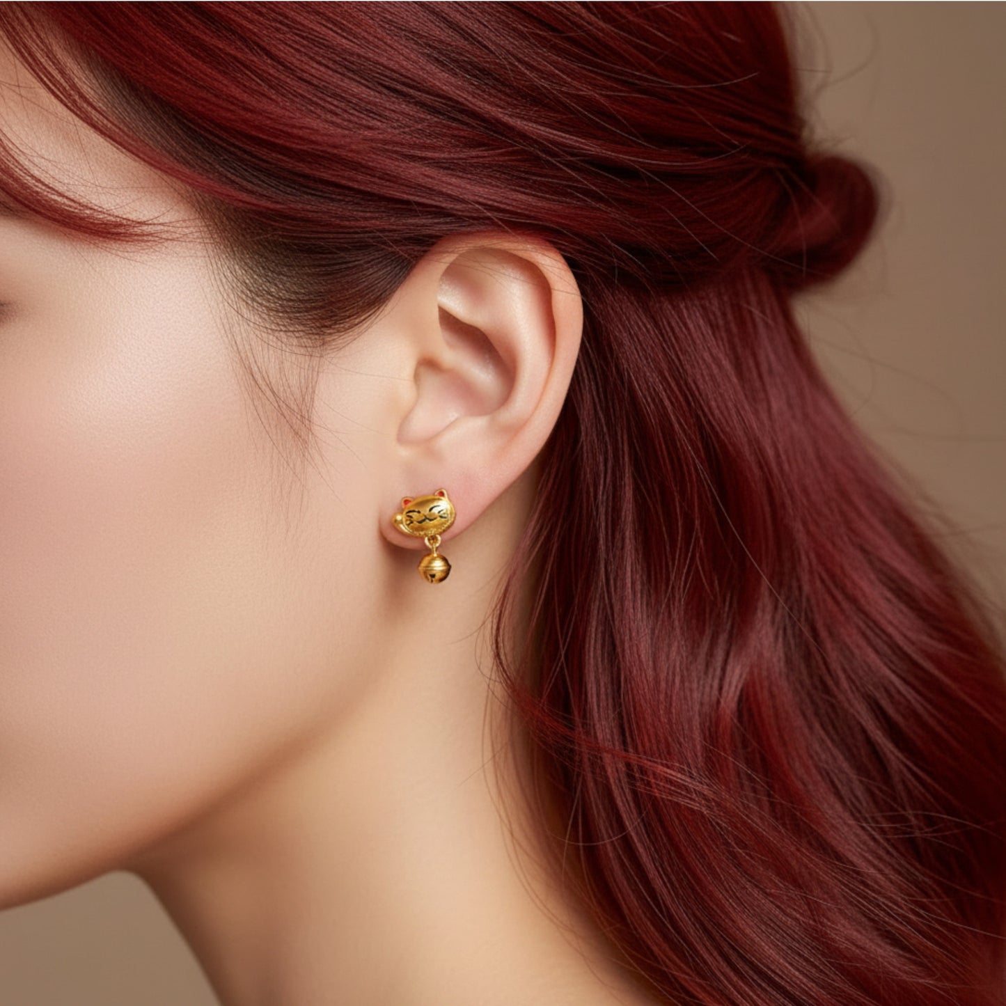24K Pure Gold Maneki-neko Cat Dangle Bell Enamel Stud Earrings