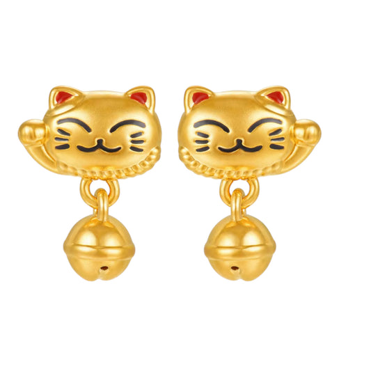 24K Pure Gold Maneki-neko Cat Dangle Bell Enamel Stud Earrings