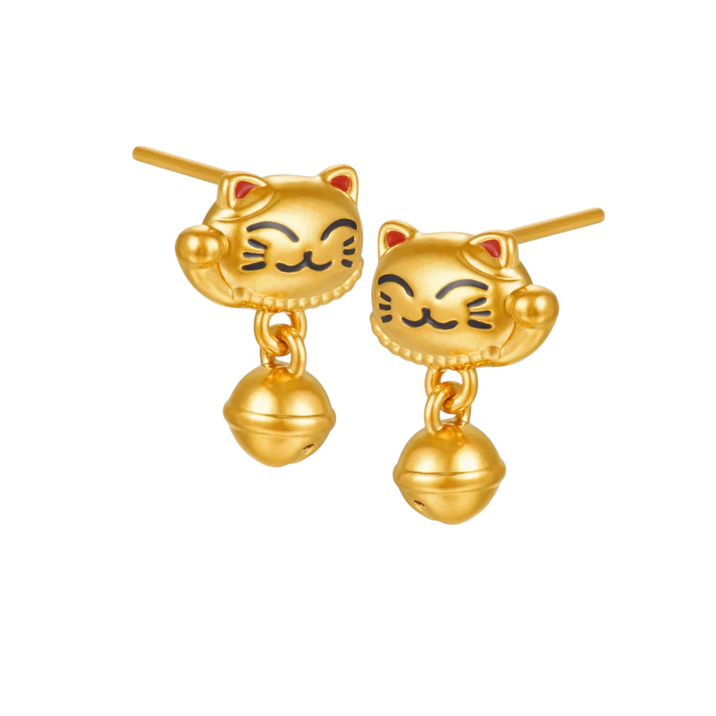 24K Pure Gold Maneki-neko Cat Dangle Bell Enamel Stud Earrings