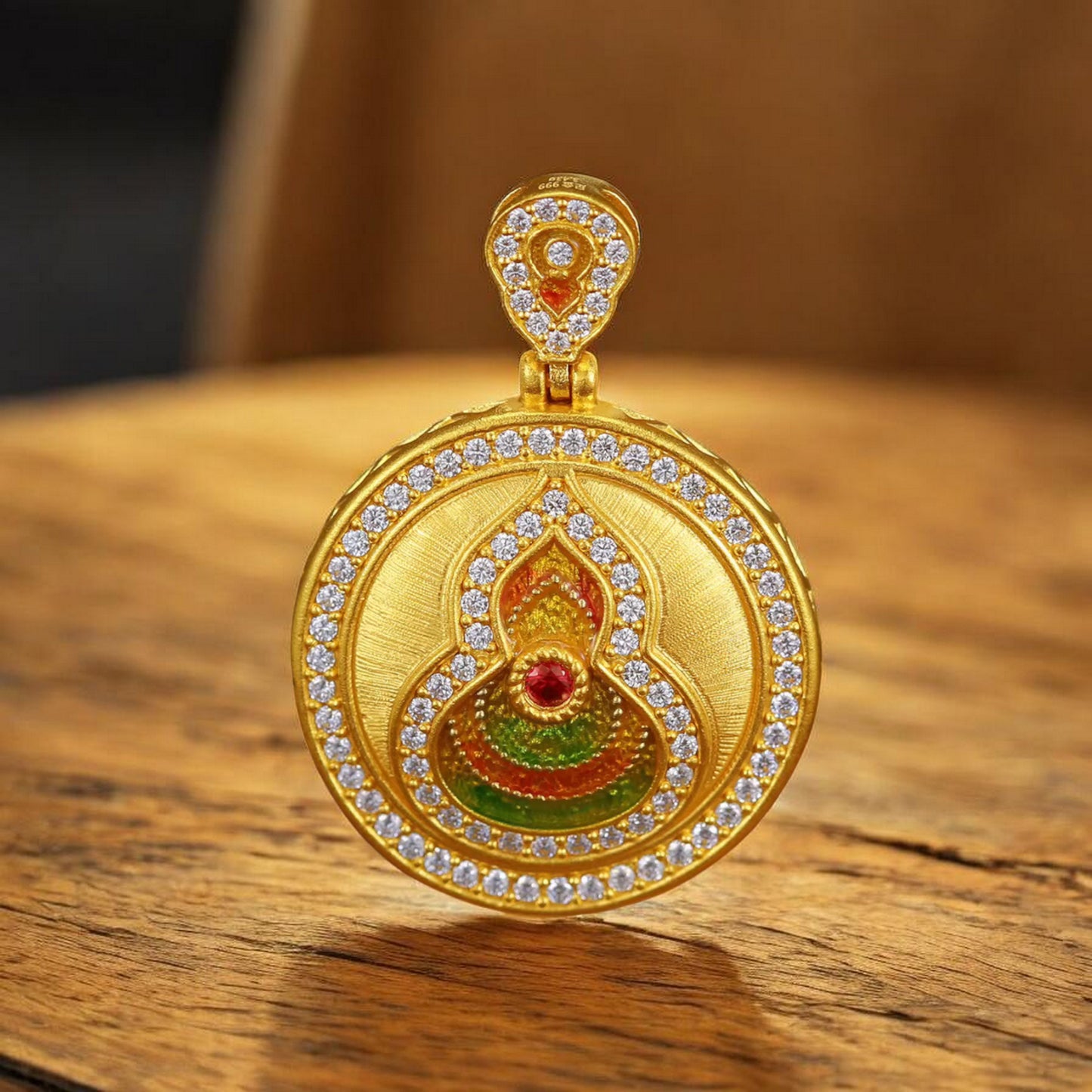 24K Pure 999 5D Hard Gold Enamel Moissanite Gourd Round Compass Pendant