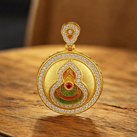 24K Pure 999 5D Hard Gold Enamel Moissanite Gourd Round Compass Pendant