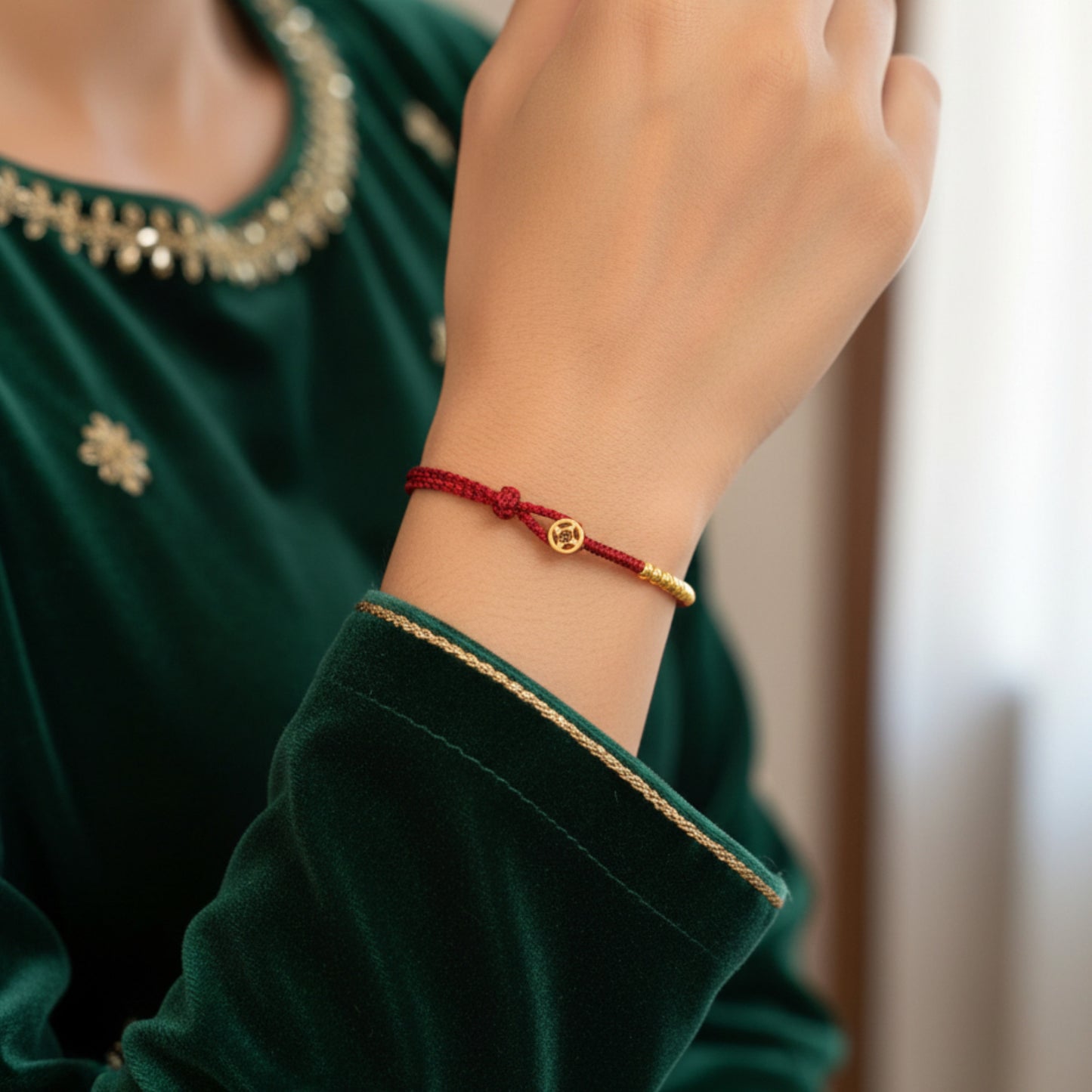 24k 999 Gold Chinese Coin Charm Fine Woven Red Rope Braided Bracelet