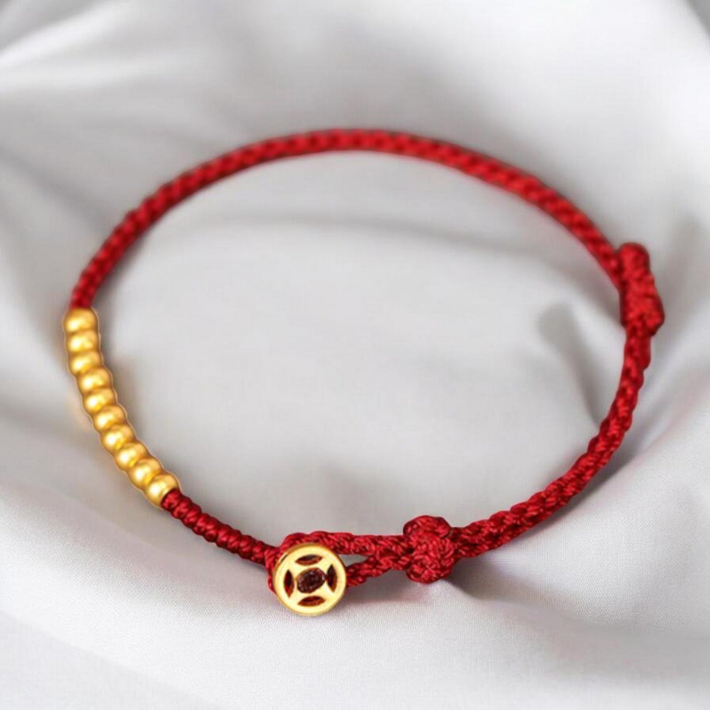 24k 999 Gold Chinese Coin Charm Fine Woven Red Rope Braided Bracelet