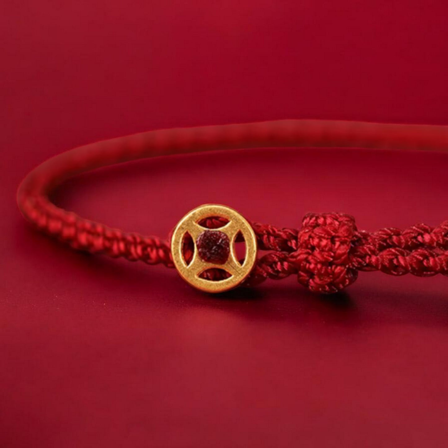 24k 999 Gold Chinese Coin Charm Fine Woven Red Rope Braided Bracelet