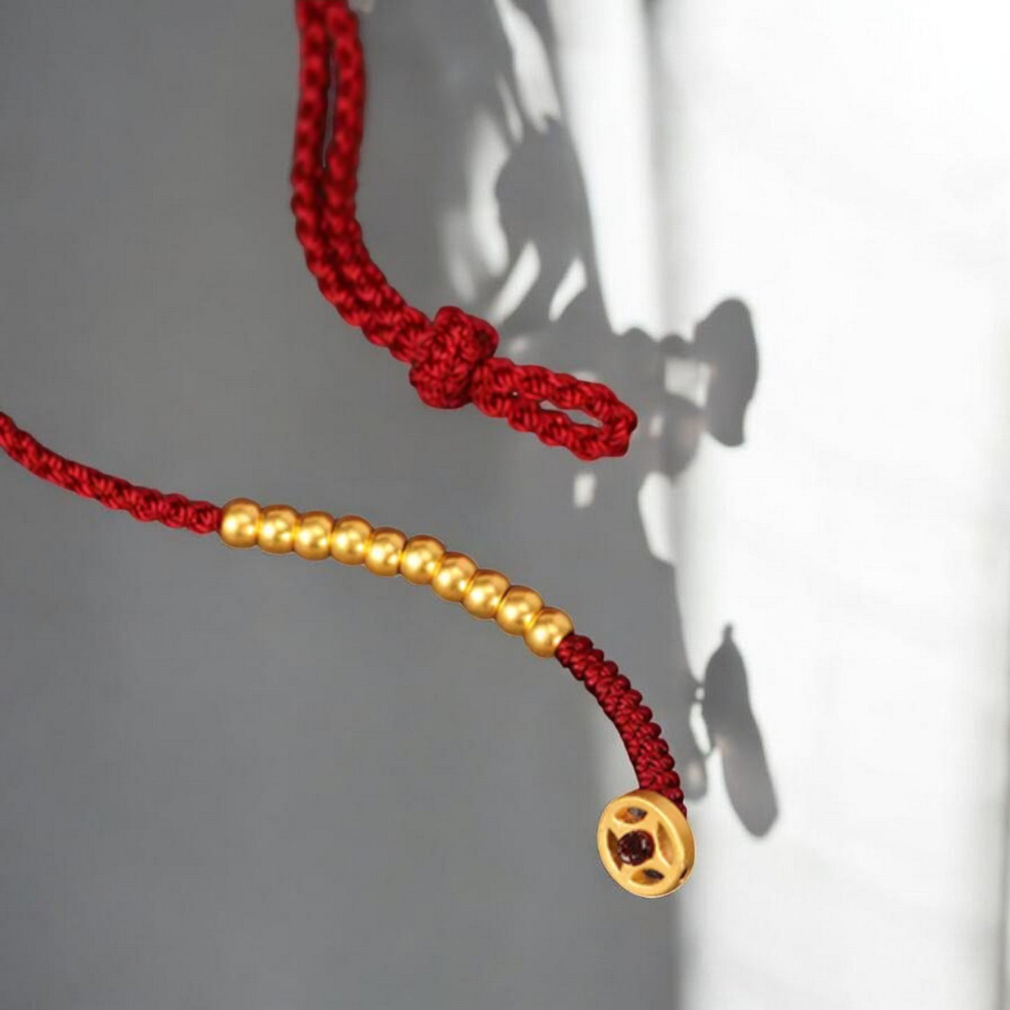 24k 999 Gold Chinese Coin Charm Fine Woven Red Rope Braided Bracelet