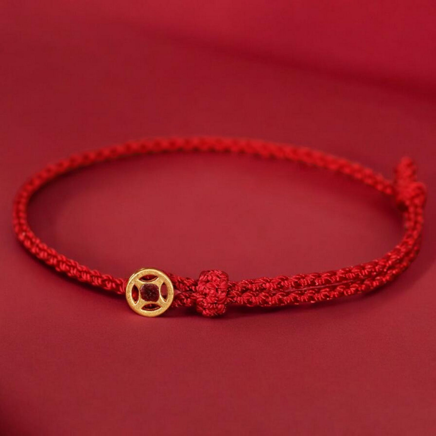 24k 999 Gold Chinese Coin Charm Fine Woven Red Rope Braided Bracelet