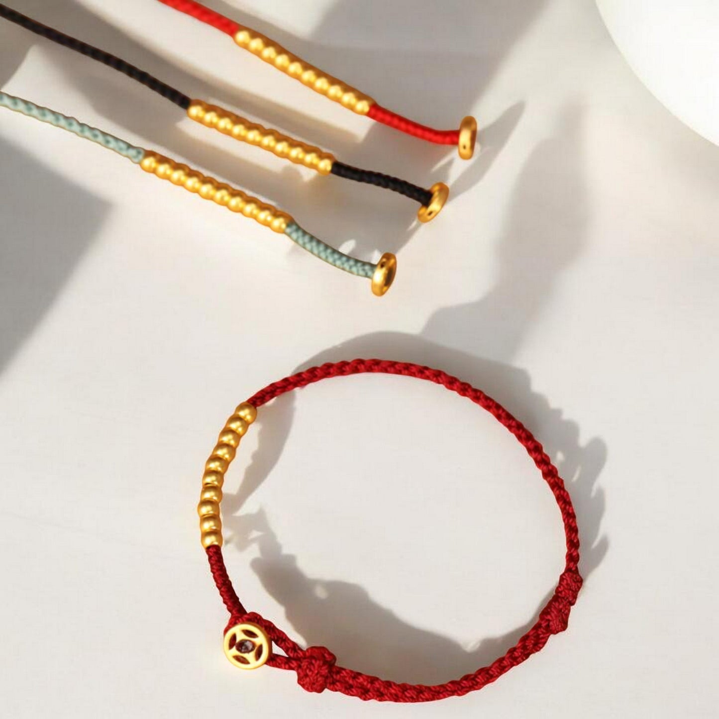 24k 999 Gold Chinese Coin Charm Fine Woven Red Rope Braided Bracelet
