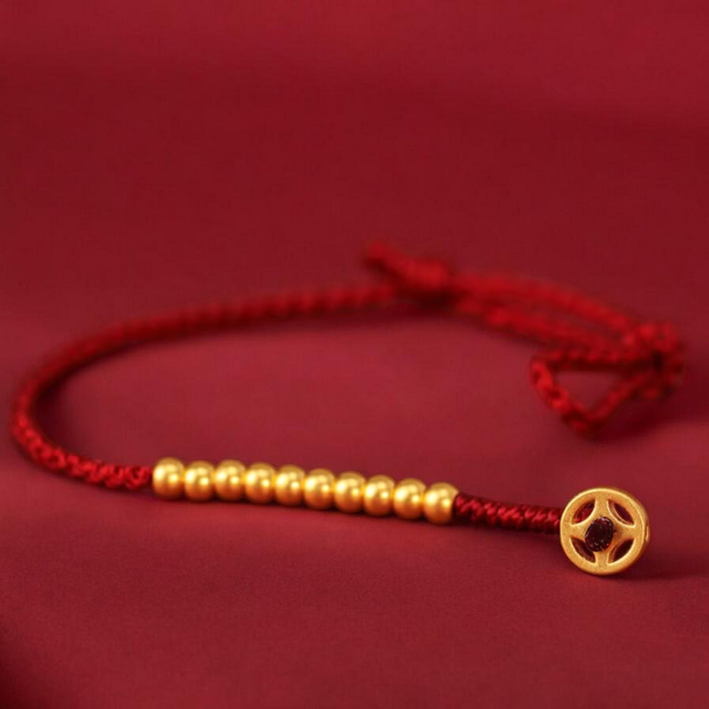 24k 999 Gold Chinese Coin Charm Fine Woven Red Rope Braided Bracelet