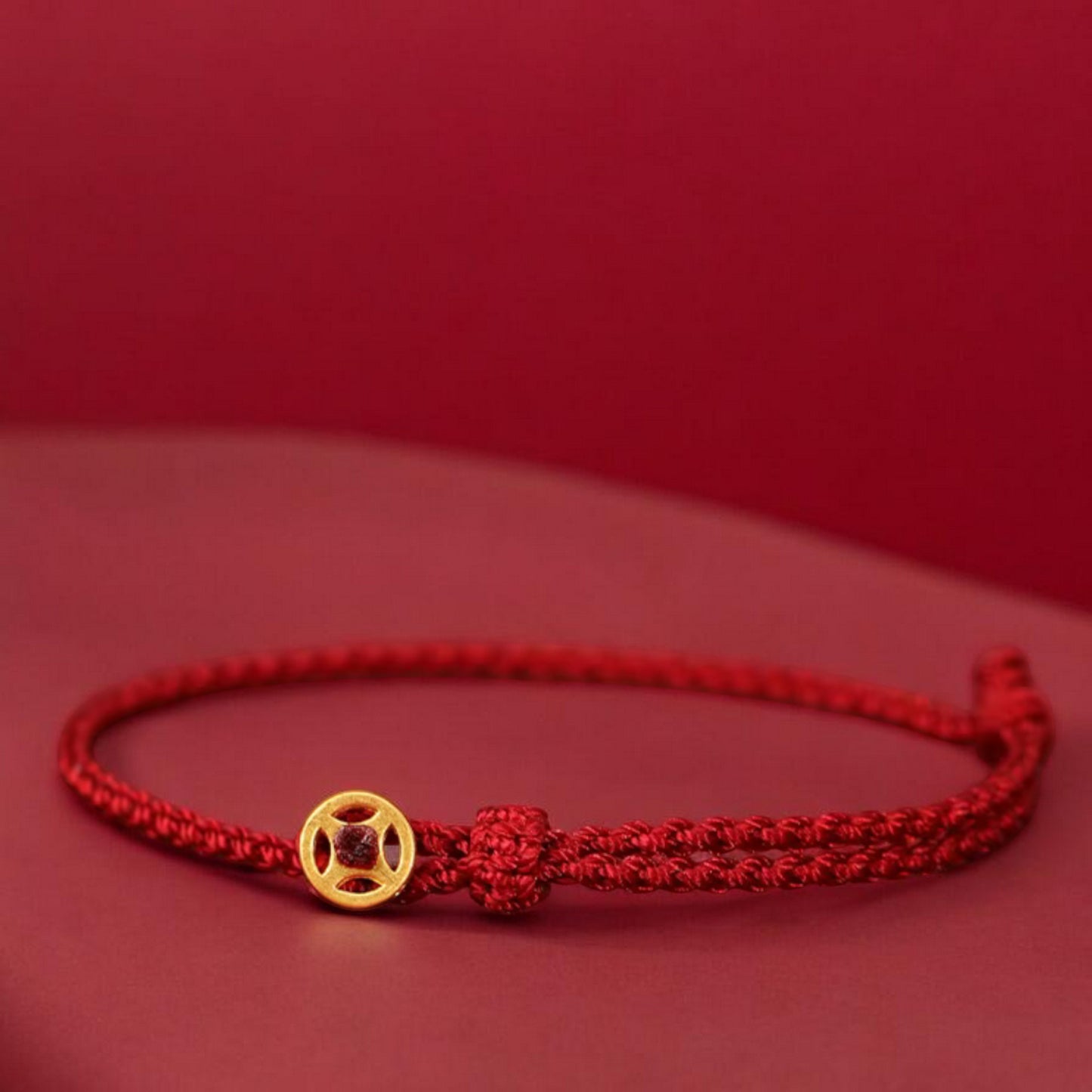 24k 999 Gold Chinese Coin Charm Fine Woven Red Rope Braided Bracelet