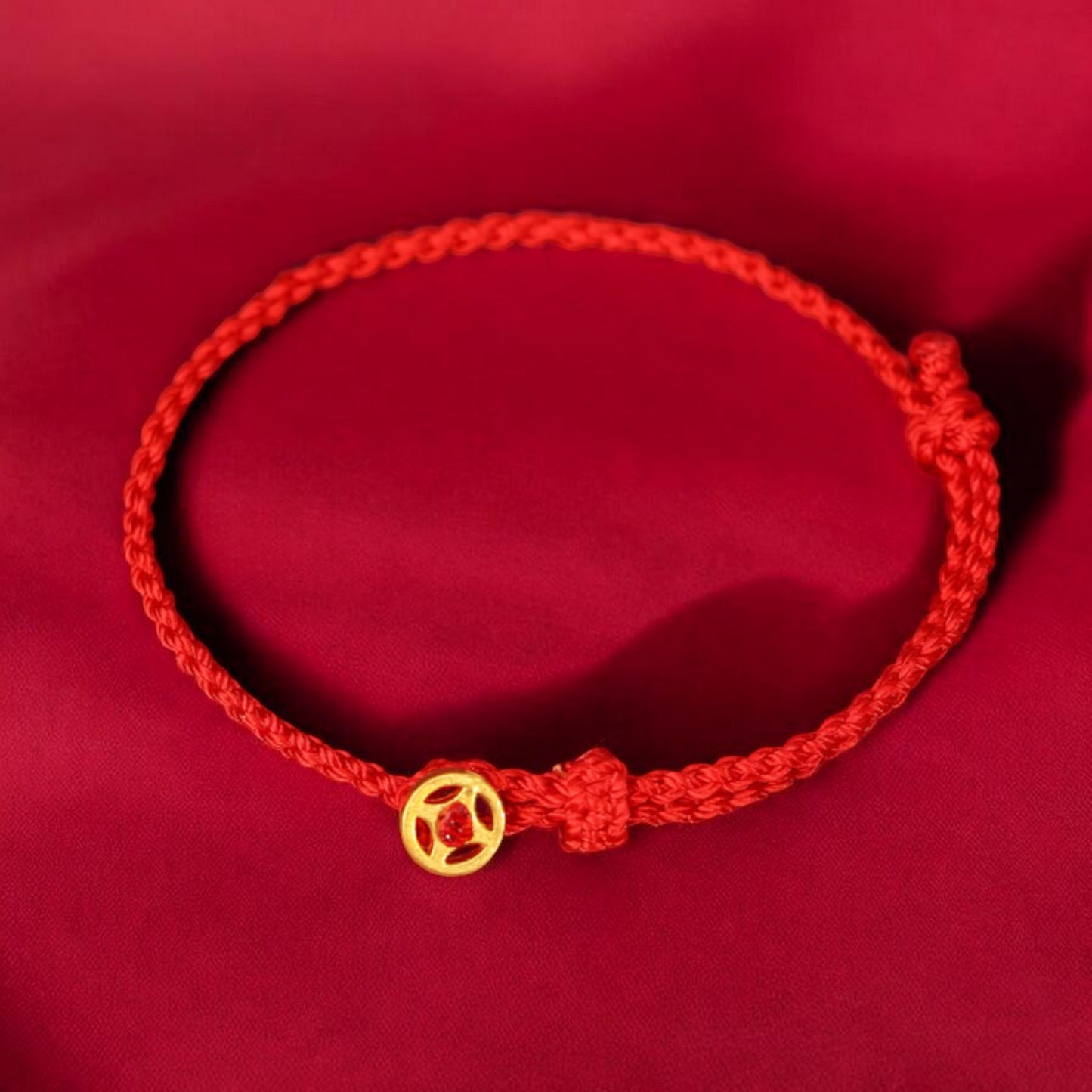 24k 999 Gold Chinese Coin Charm Fine Woven Red Rope Braided Bracelet