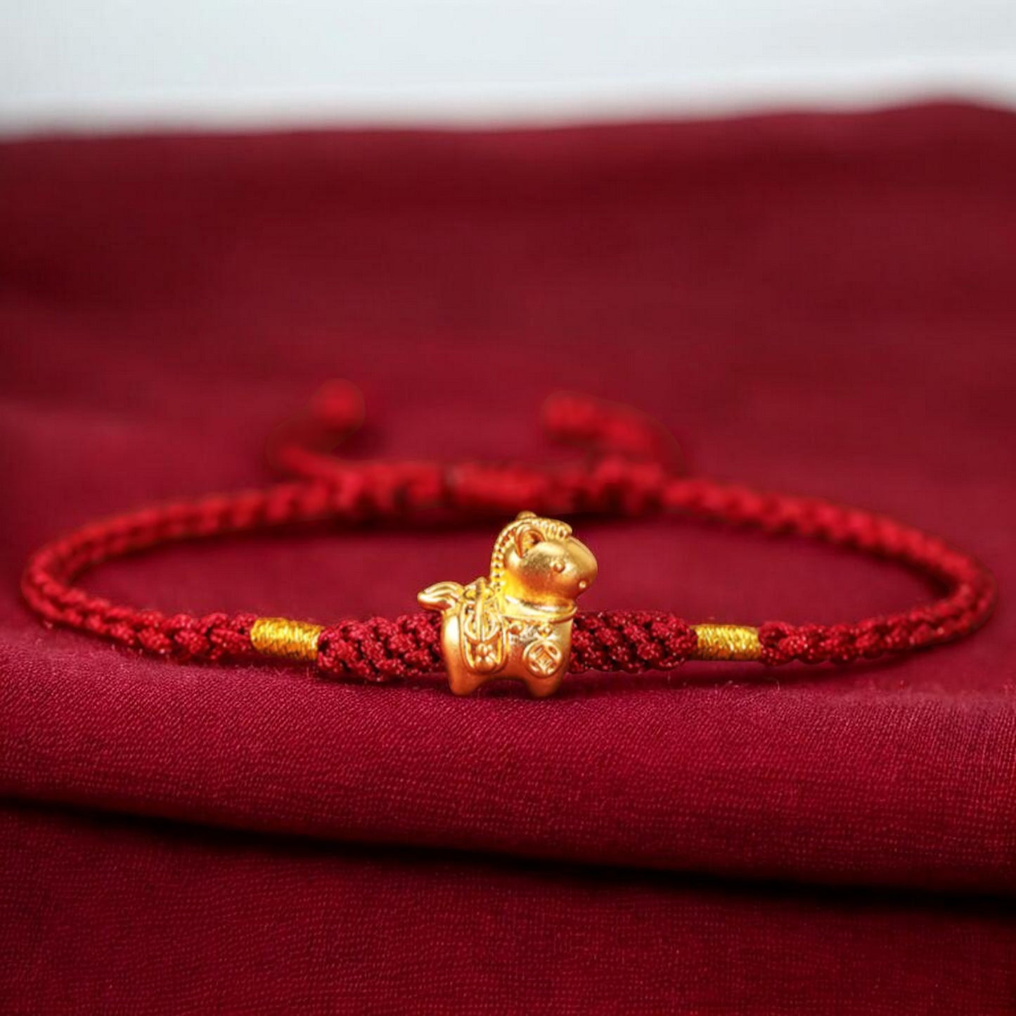 24k 999 Gold Chinese Zodiac Year of Horse Woven Red Rope Braided Bracelet