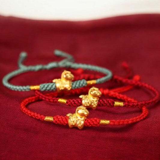 24k 999 Gold Chinese Zodiac Year of Horse Woven Red Rope Braided Bracelet