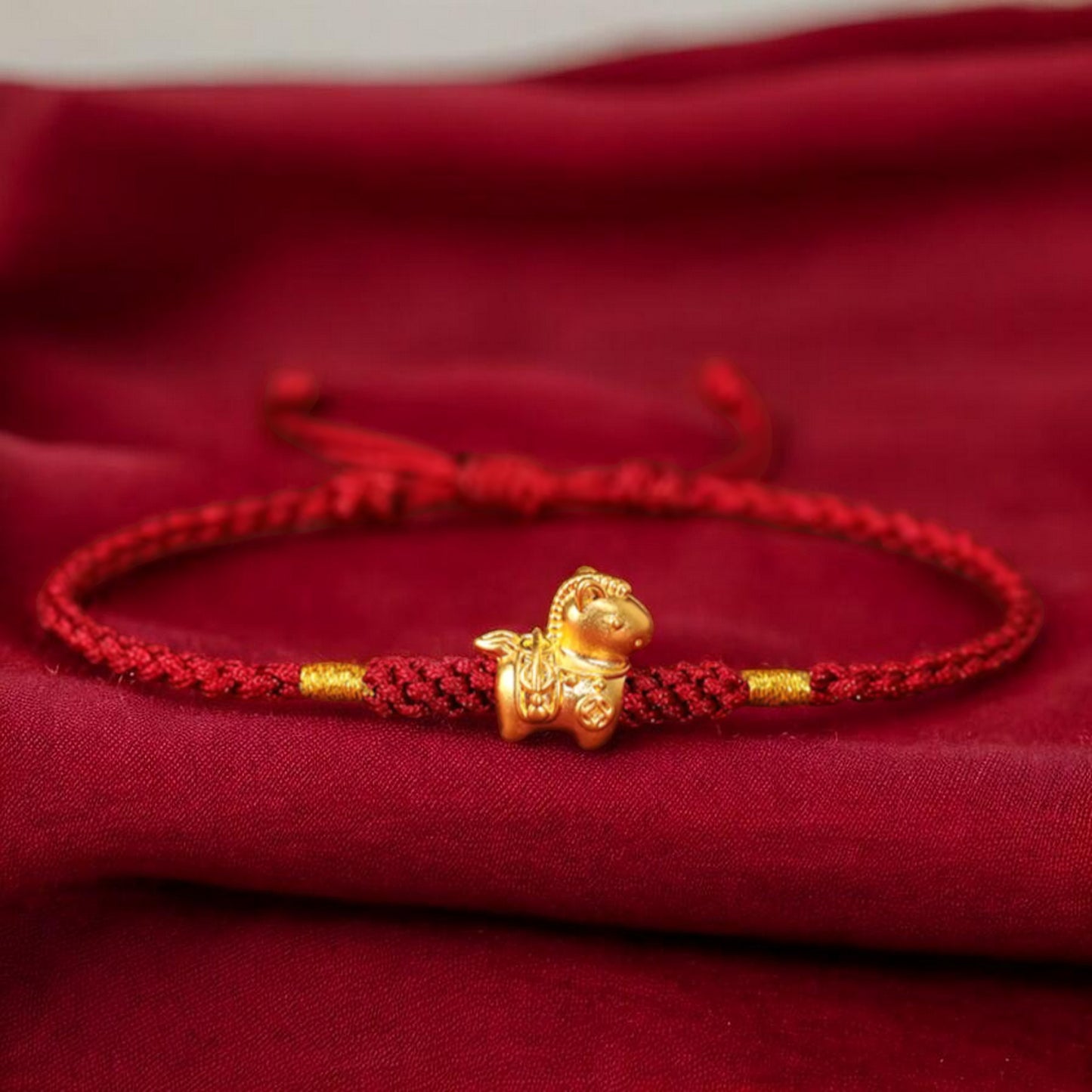24k 999 Gold Chinese Zodiac Year of Horse Woven Red Rope Braided Bracelet