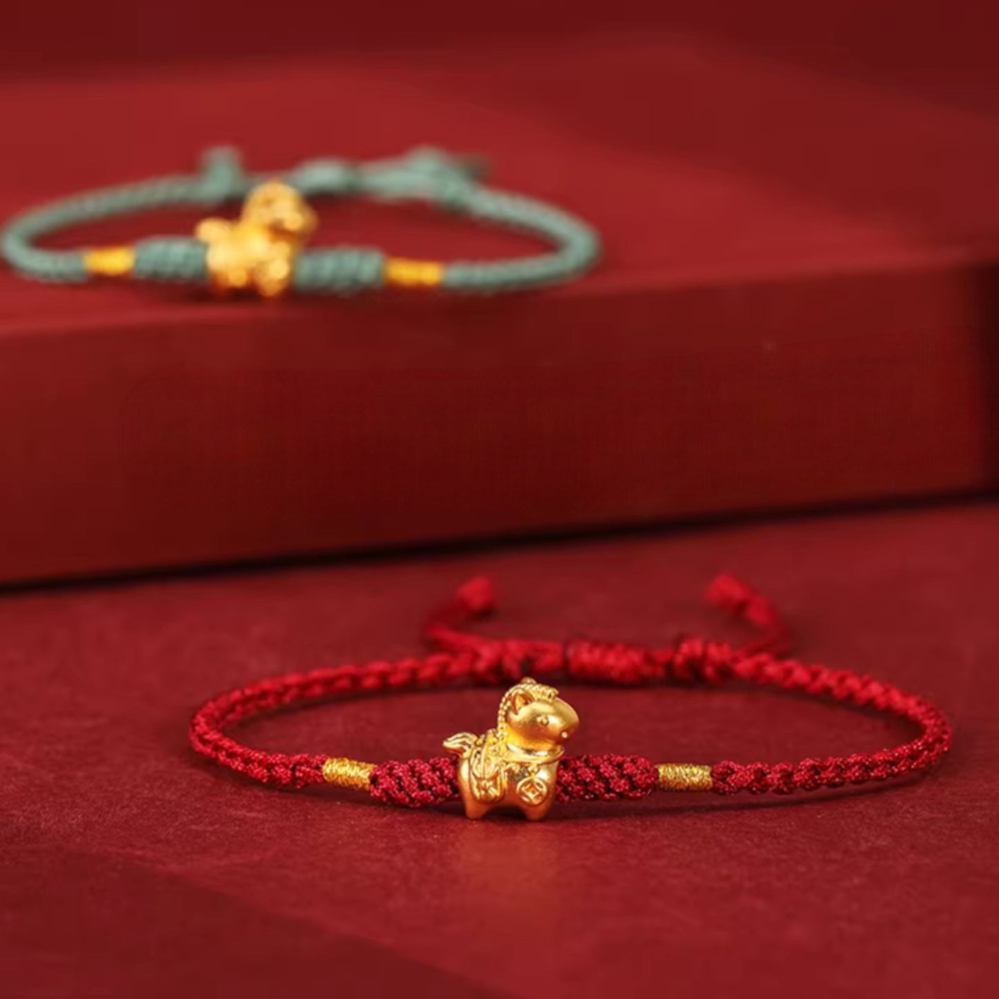 24k 999 Gold Chinese Zodiac Year of Horse Woven Red Rope Braided Bracelet