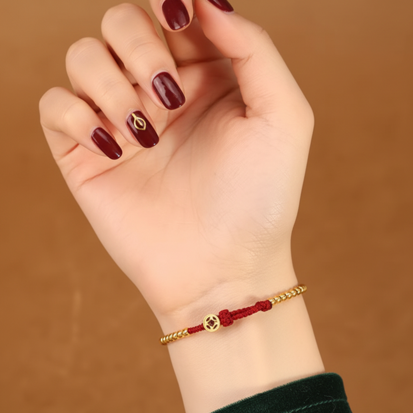 24k 999 Gold Beads Woven Red Rope Braided Bracelet