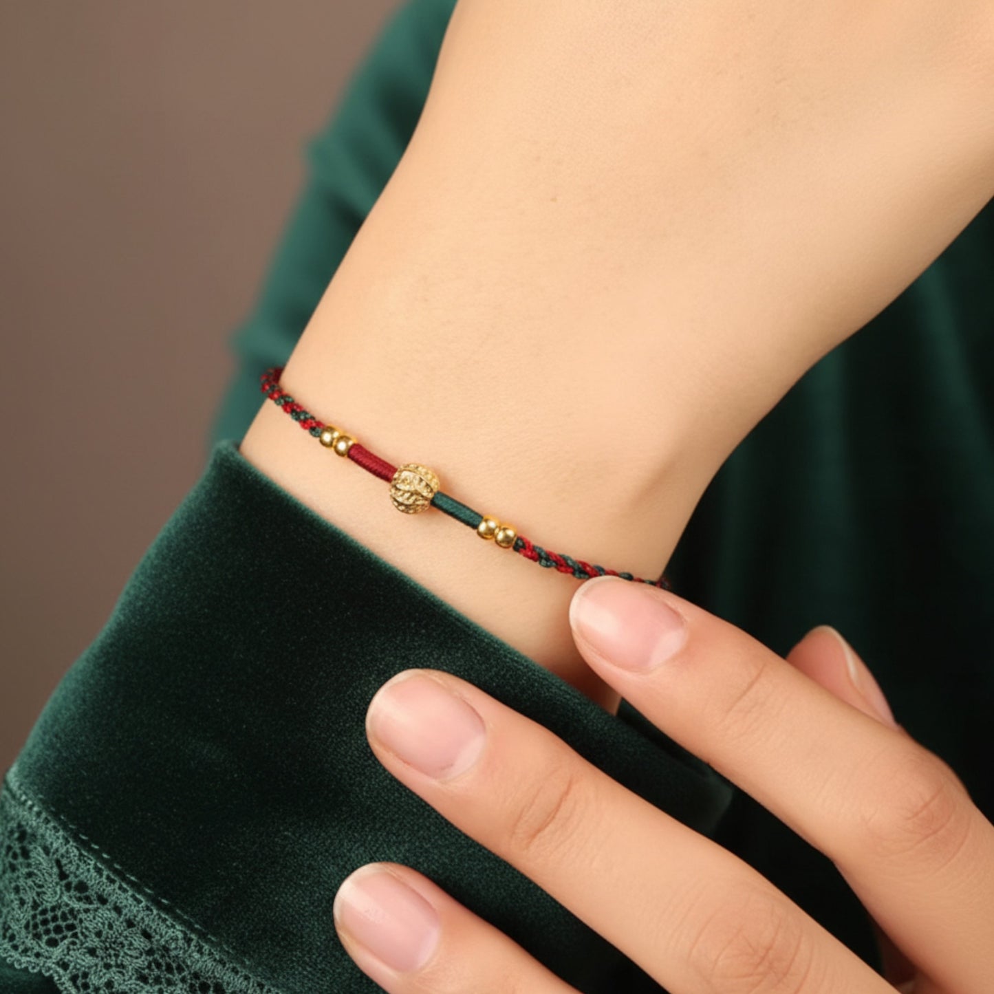 24k 999 Gold Walnut Charm Woven Red Rope Braided Bracelet