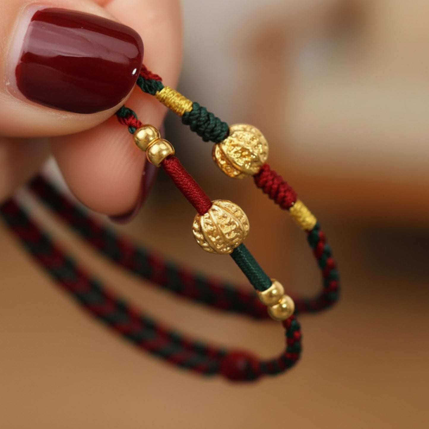 24k 999 Gold Walnut Charm Woven Red Rope Braided Bracelet