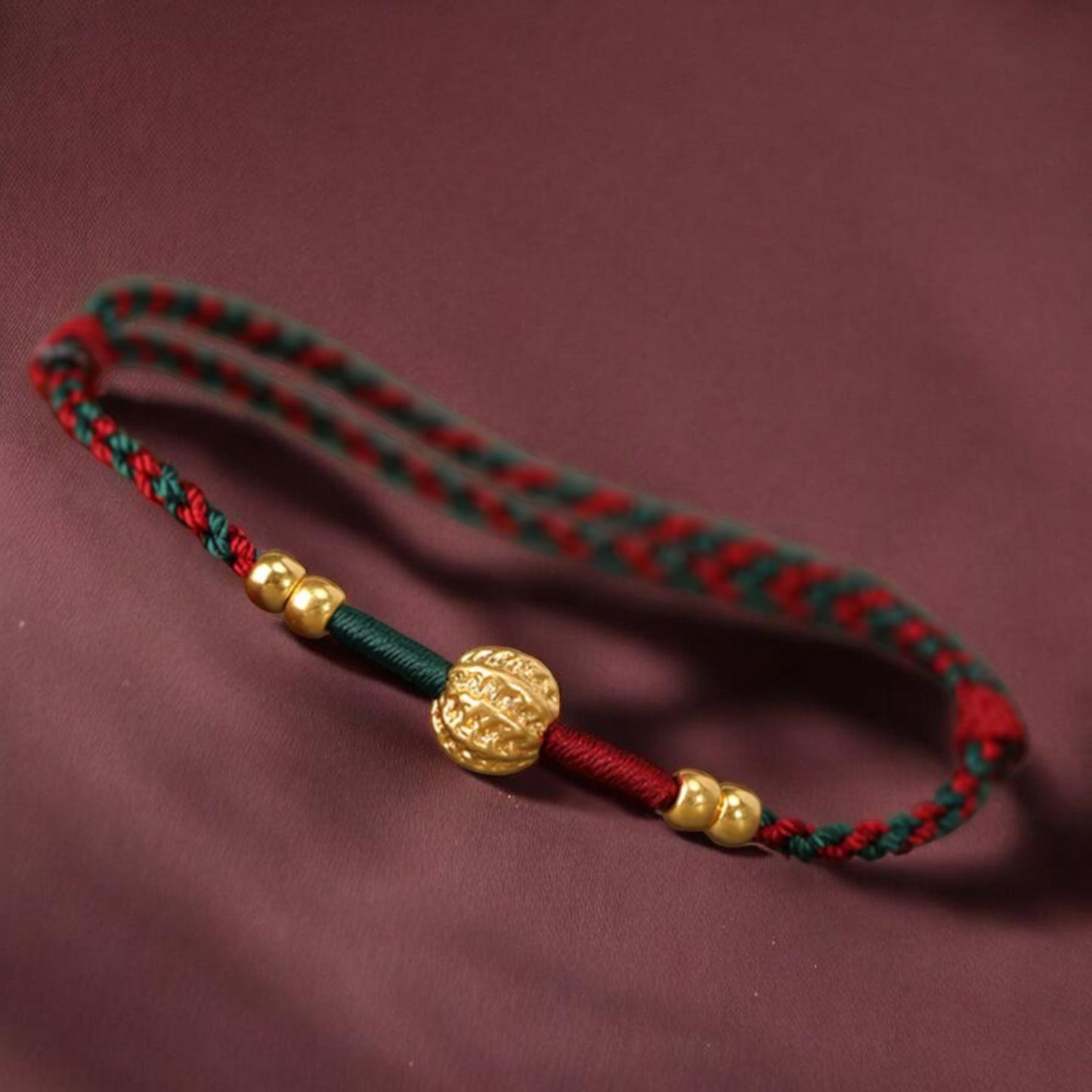 24k 999 Gold Walnut Charm Woven Red Rope Braided Bracelet