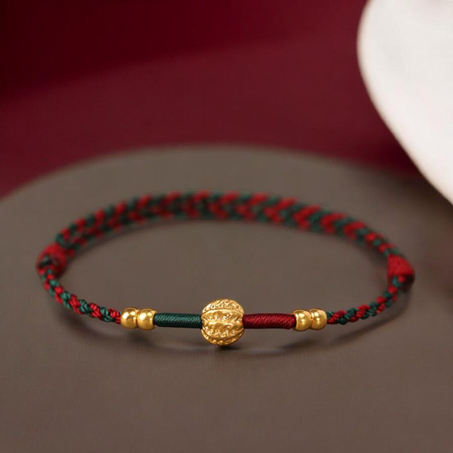 24k 999 Gold Walnut Charm Woven Red Rope Braided Bracelet