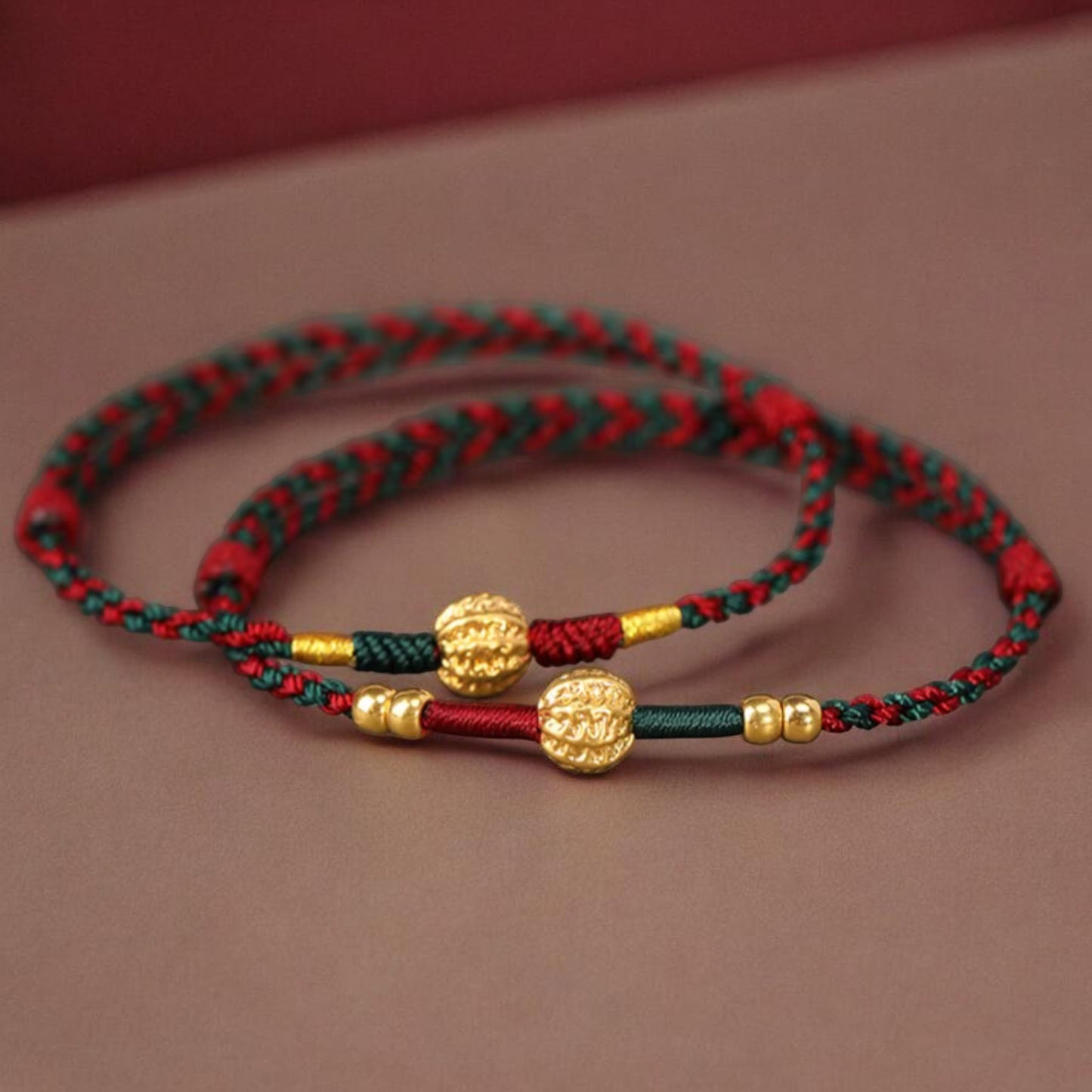 24k 999 Gold Walnut Charm Woven Red Rope Braided Bracelet