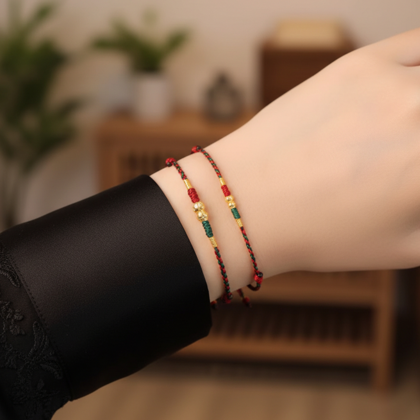 18K Gold Gourd Charm Woven Red Rope Braided Bracelet