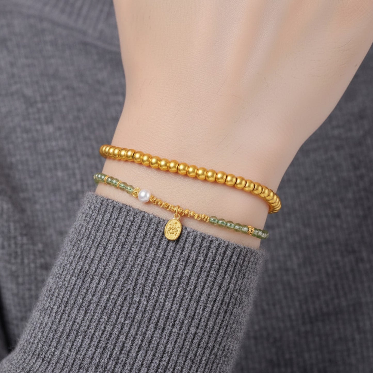 24k Pure 999 Hard Gold Frosted Matte Minimal Round Beads Bracelet