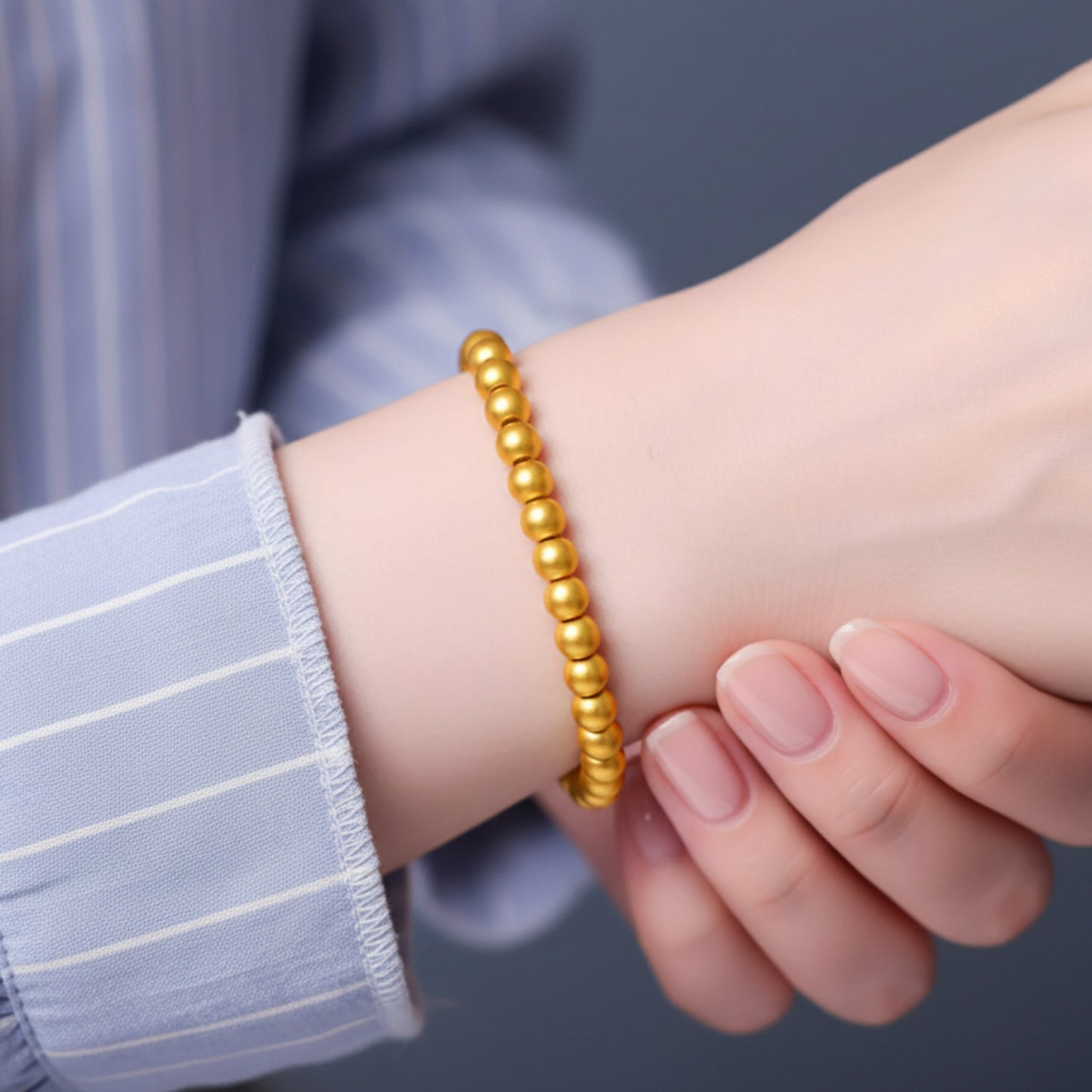 24k Pure 999 Hard Gold Frosted Matte Minimal Round Beads Bracelet