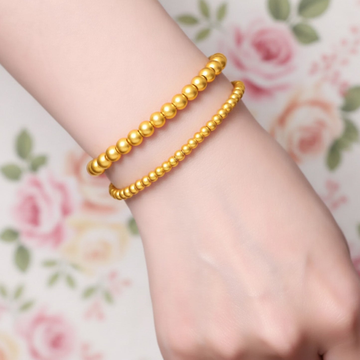 24k Pure 999 Hard Gold Frosted Matte Minimal Round Beads Bracelet