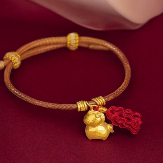 24k Real Gold Zodiac Year of Horse with Tassel Pendant Bracelet