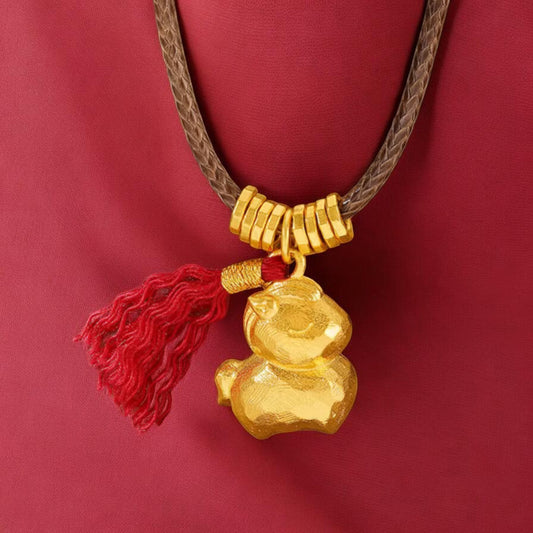 24k Real Gold Zodiac Year of Horse with Tassel Pendant Rope Necklace