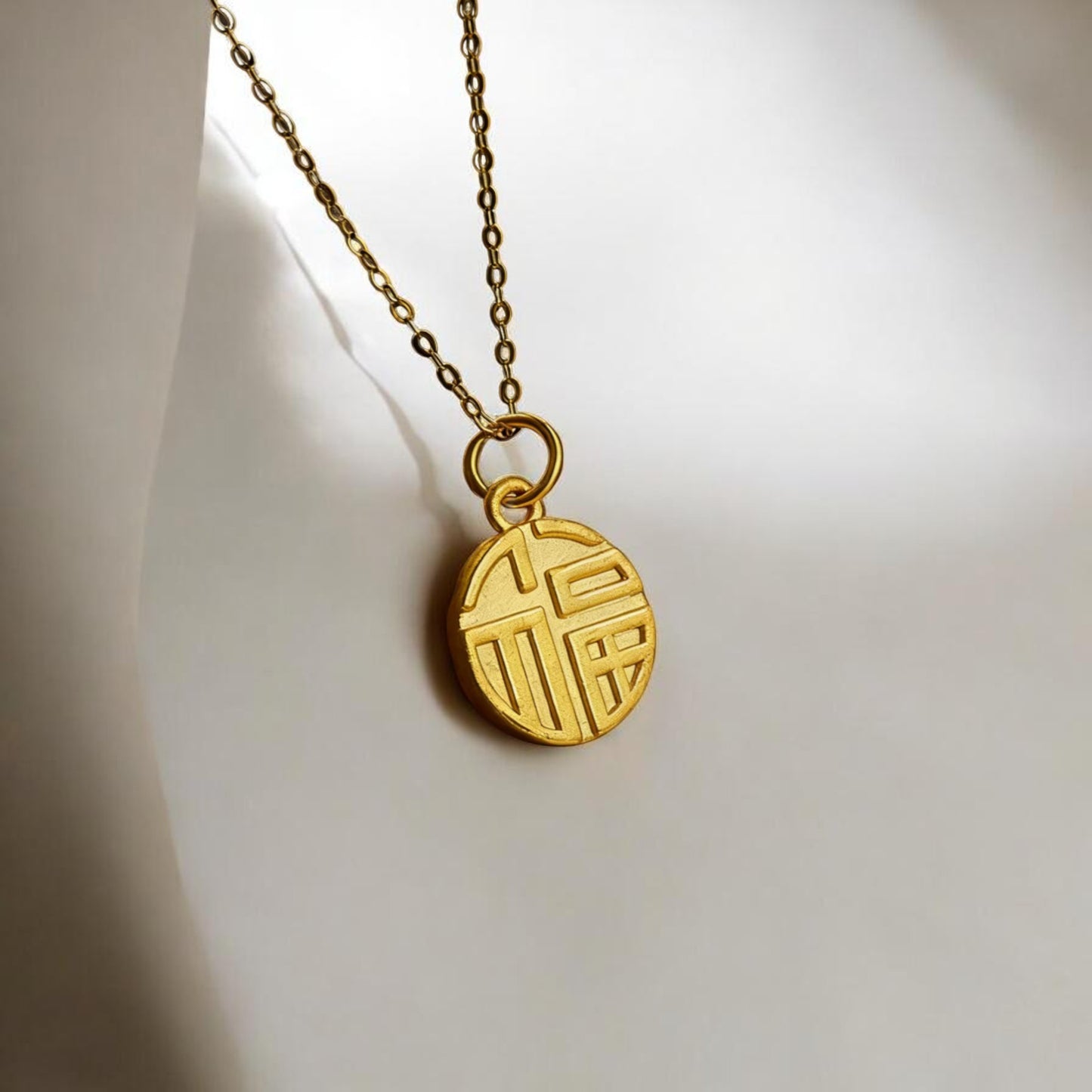 24K 3D Gold Chinese "Fu" Blessing Good Luck Pendant