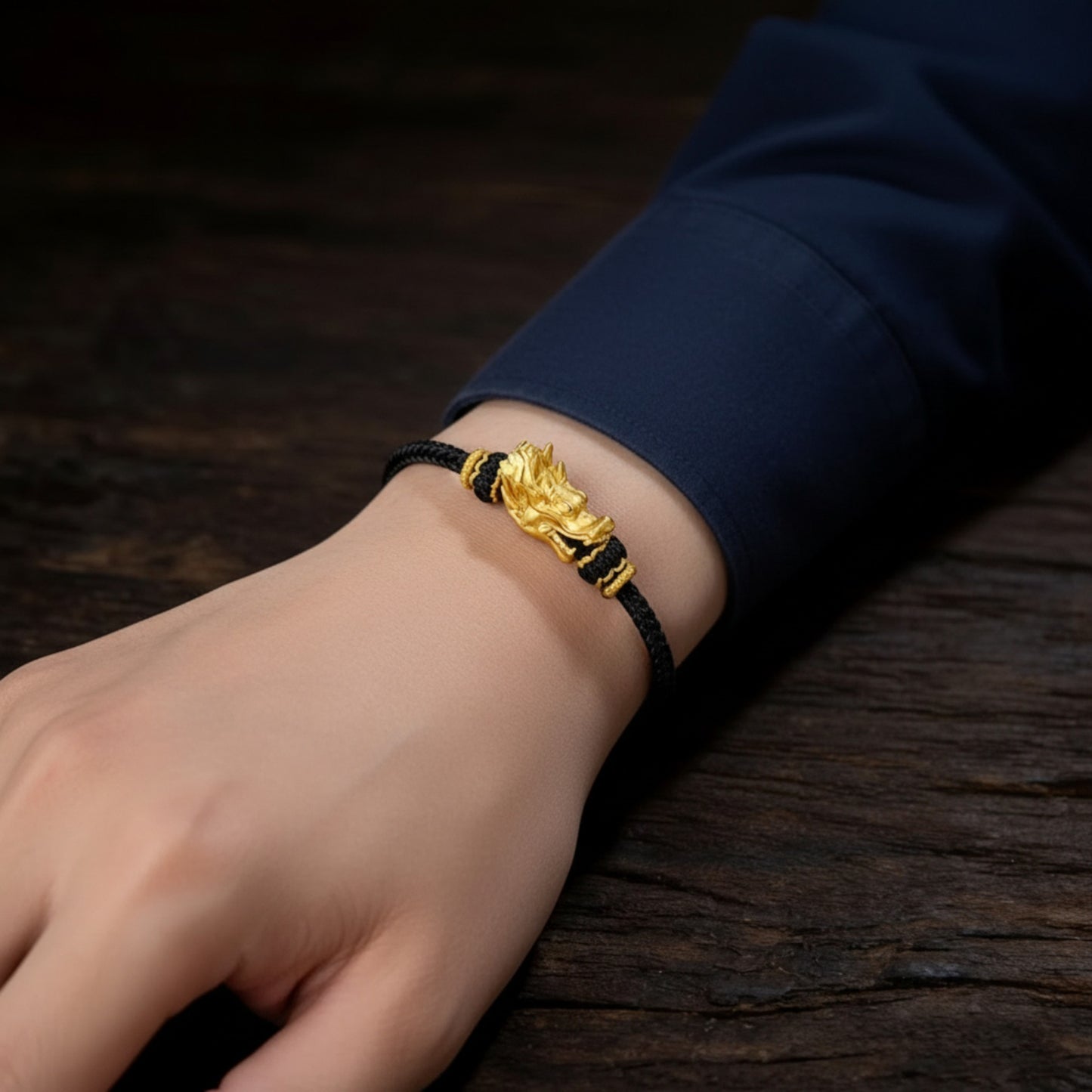 24K 999 3D Hard Gold Zodiac Dragon Head Good Luck Rope Bracelet Men and Women