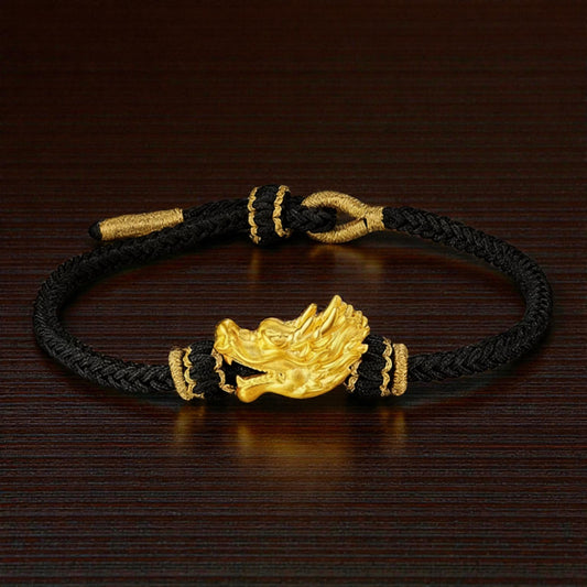 24K 999 3D Hard Gold Zodiac Dragon Head Good Luck Rope Bracelet Men and Women