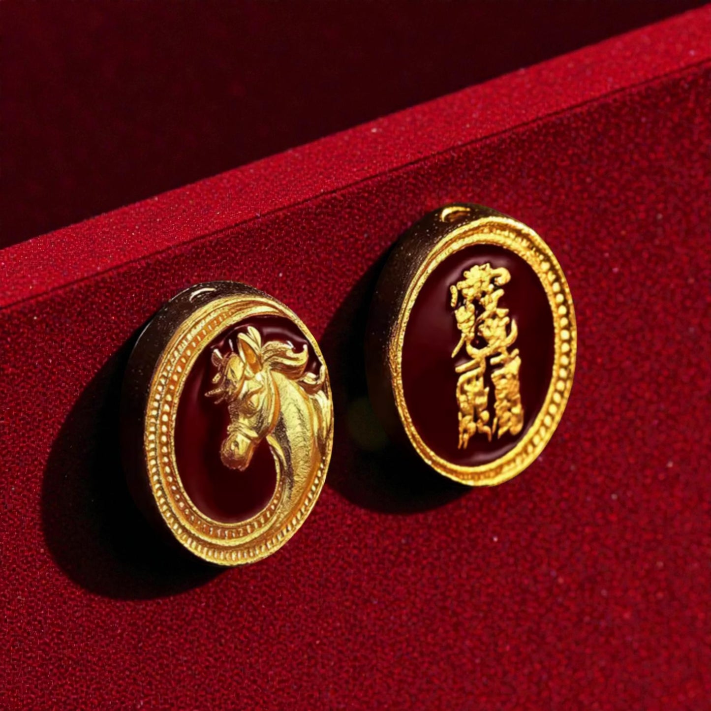 24K Gold Zodiac Horse Red Enamel Spacer Bead and Pendant