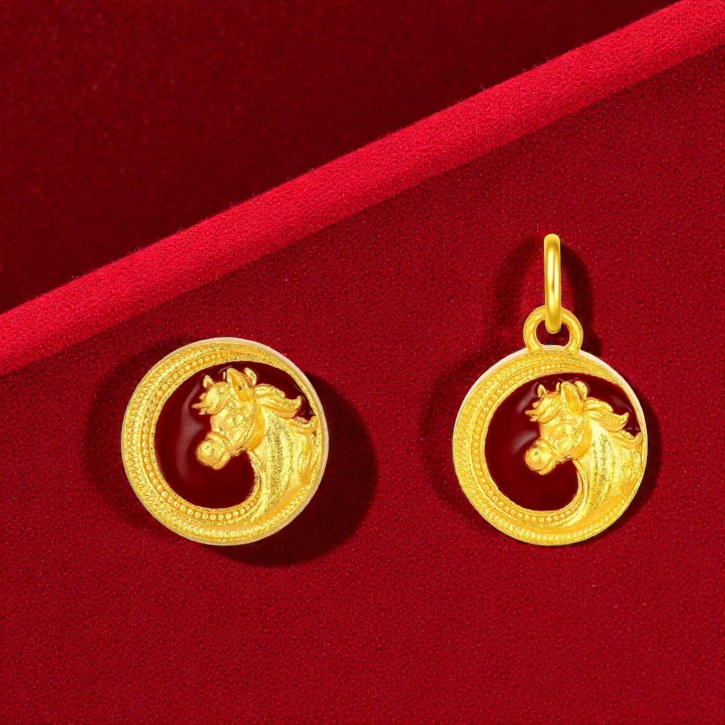 24K Gold Zodiac Horse Red Enamel Spacer Bead and Pendant