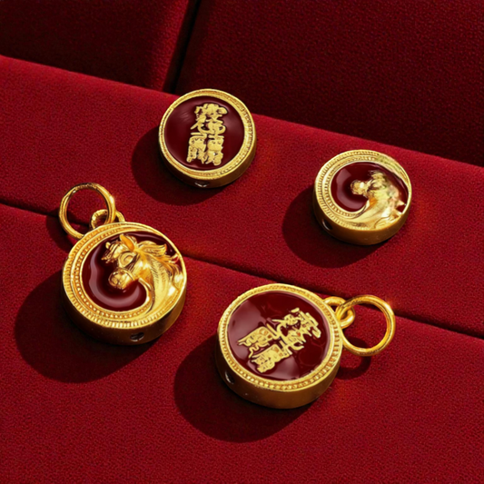 24K Gold Zodiac Horse Red Enamel Spacer Bead and Pendant