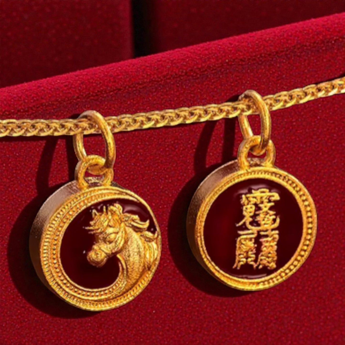 24K Gold Zodiac Horse Red Enamel Spacer Bead and Pendant