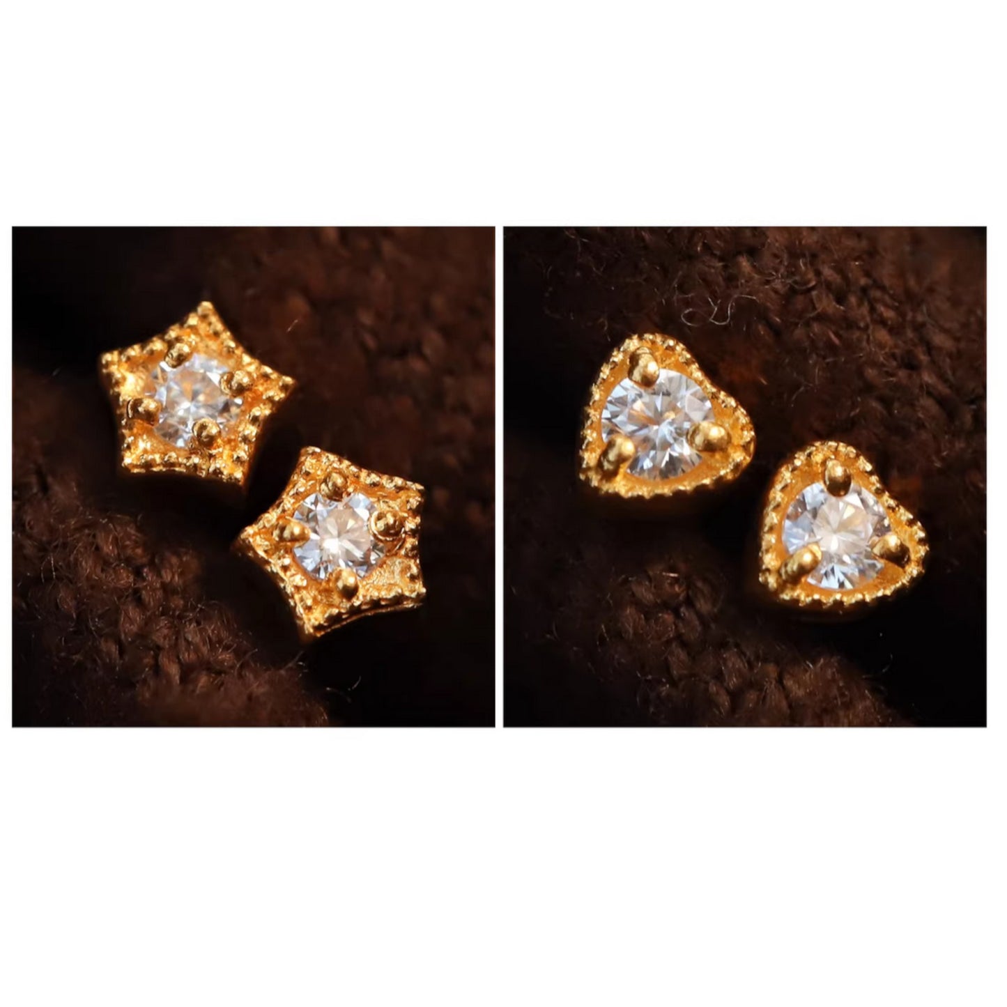 24K Gold Minimal Moissanite Mini Star or Heart Stud Earrings