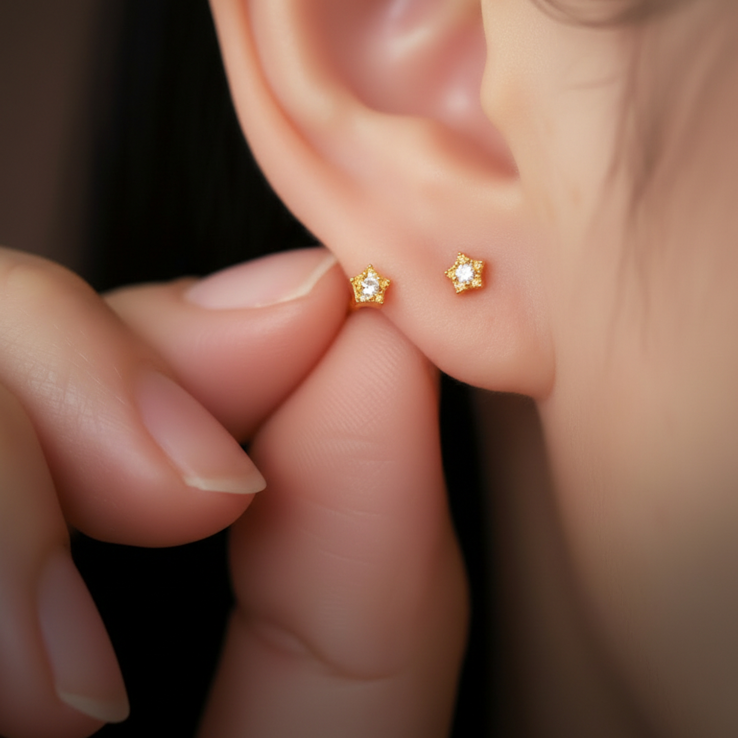 24K Gold Minimal Moissanite Mini Star or Heart Stud Earrings