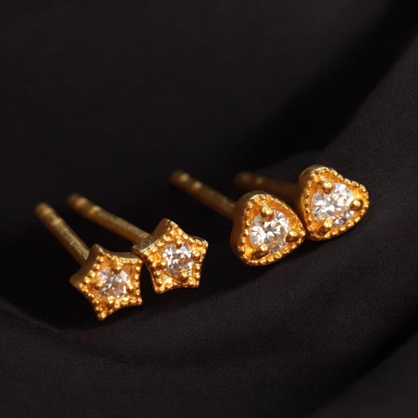 24K Gold Minimal Moissanite Mini Star or Heart Stud Earrings