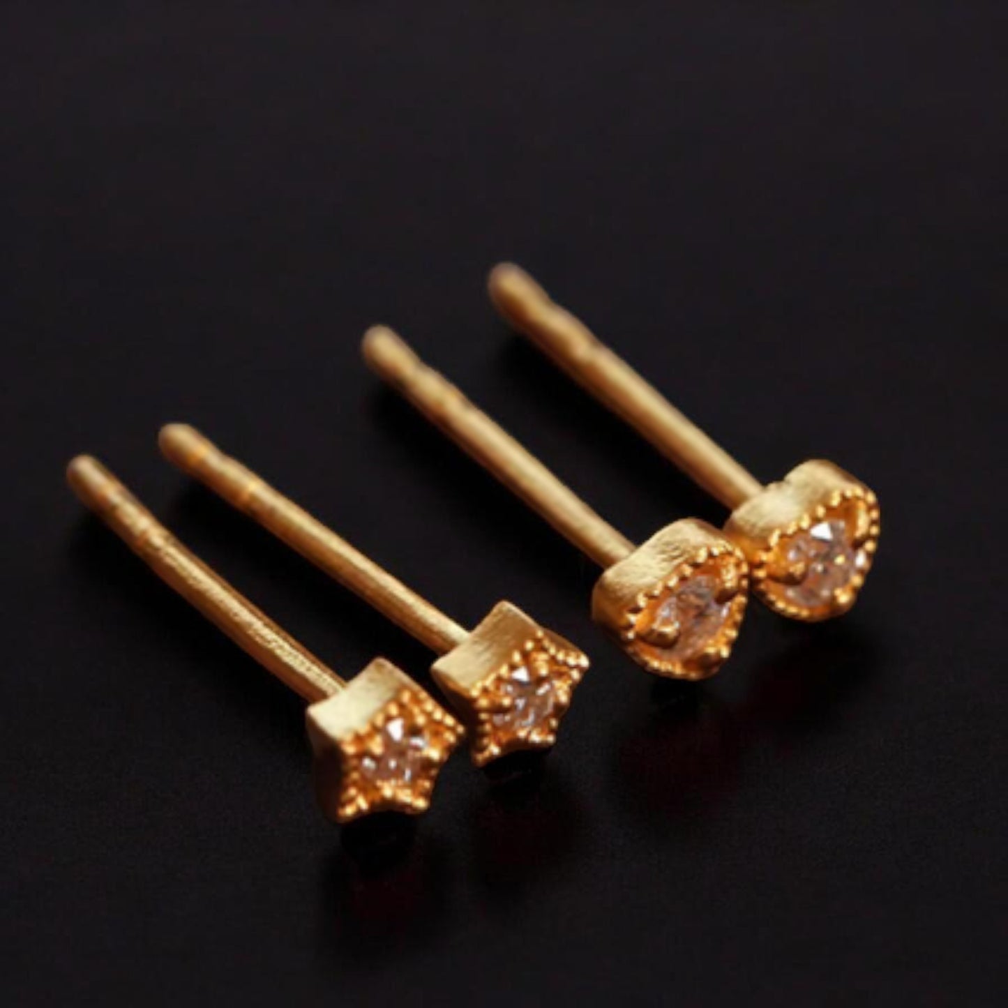 24K Gold Minimal Moissanite Mini Star or Heart Stud Earrings