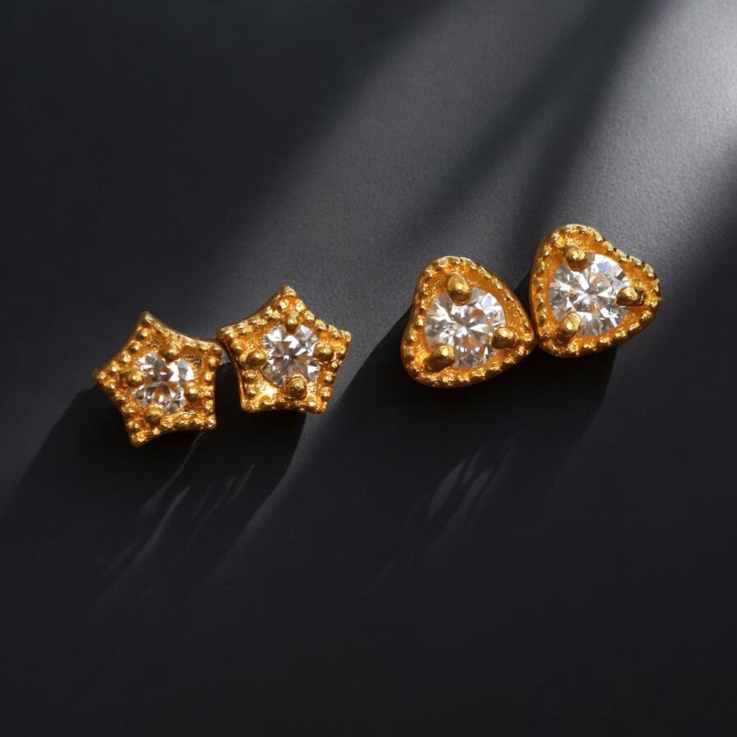 24K Gold Minimal Moissanite Mini Star or Heart Stud Earrings