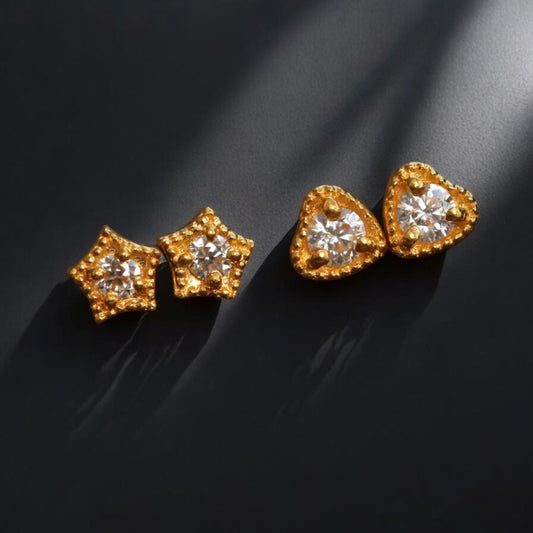 24K Gold Minimal Moissanite Mini Star or Heart Stud Earrings